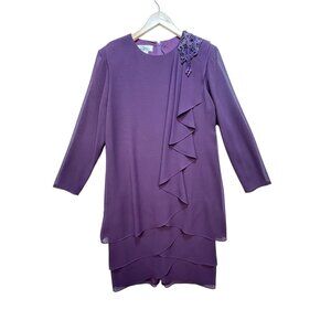 Patra Womens Tiered Chiffon Dress Size 12 Purple Beaded Evening Party Formal